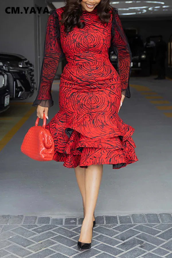 CM.YAYA Women Long Sleeve mesh O-neck mult Ruffles Bodycon Midi Dress 2025 Africa OL Work Evening Sexy Party Dresses Vestidos