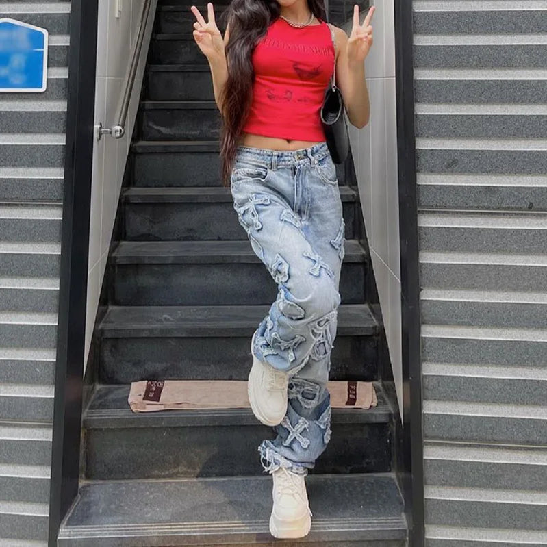 Patchwork Women's Jeans Y2K Streetwear Baggy Straight Cargo Pants Punk High Waist Wide Leg Denim Trousers 90s Vintage