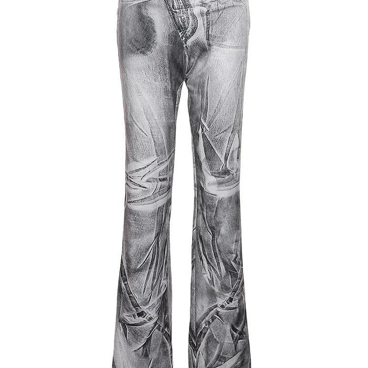 kliou Autumn Women Ankle-Length Casual Flare Pants K22P20690 Girl Street Print Slim Trousers Lady All-match Fake Denim Bottoms