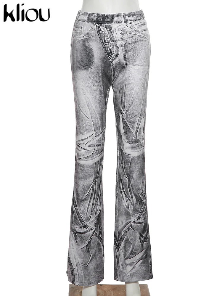 kliou Autumn Women Ankle-Length Casual Flare Pants K22P20690 Girl Street Print Slim Trousers Lady All-match Fake Denim Bottoms