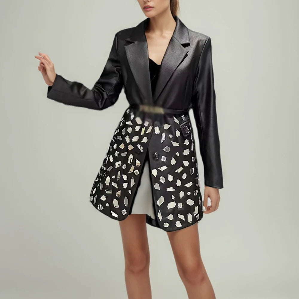 TWOTWINSTYLE Spliced Diamonds Luxurious Jackets for Women Lapel Long Sleeves Patchwork Single Breasted Fashion Jacket Female New