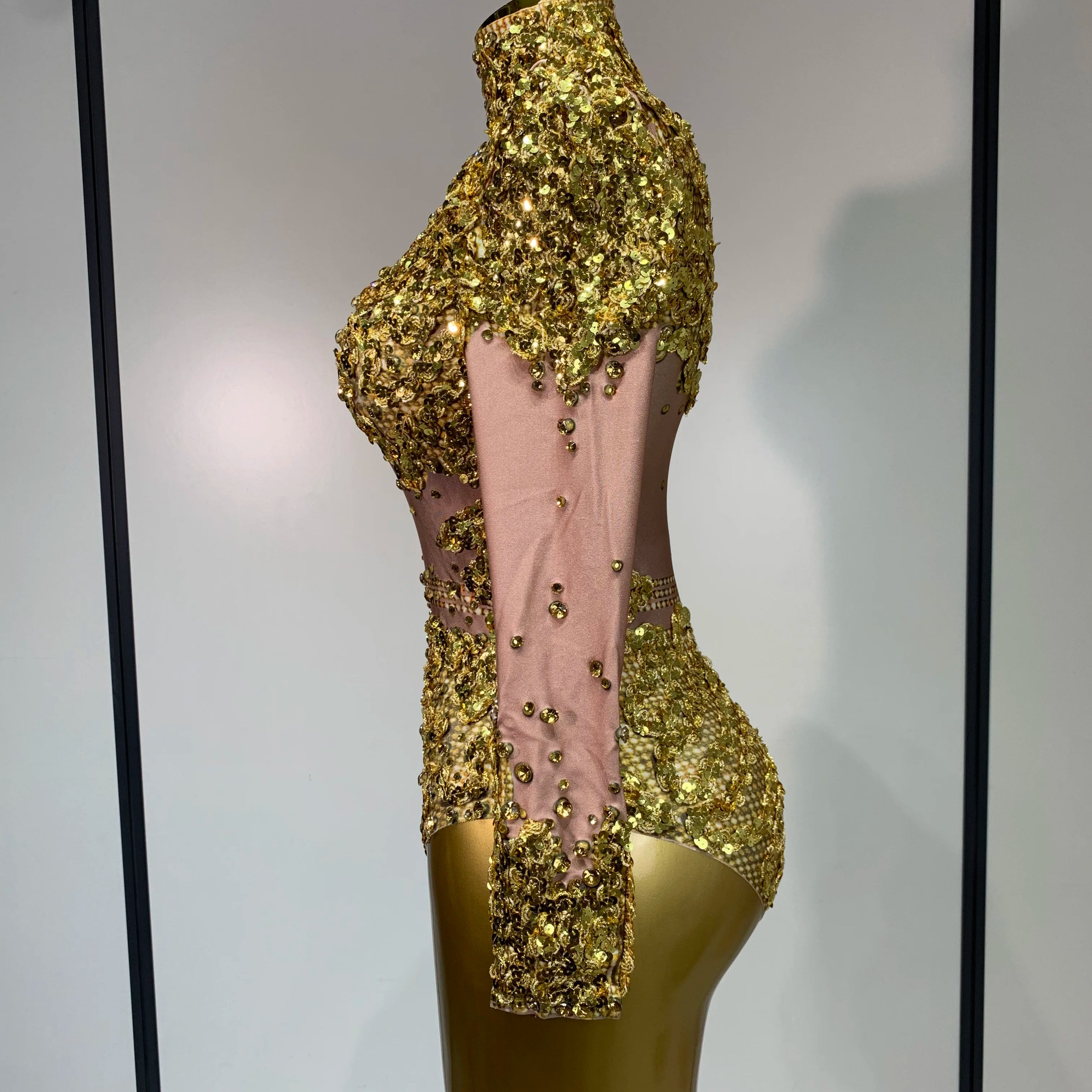 Sparkly Gold Rhinestone Sequin Stretch Bodysuits 2025 Women Luxury Birthday Party Nightclub Dancer Stage Performance Costume