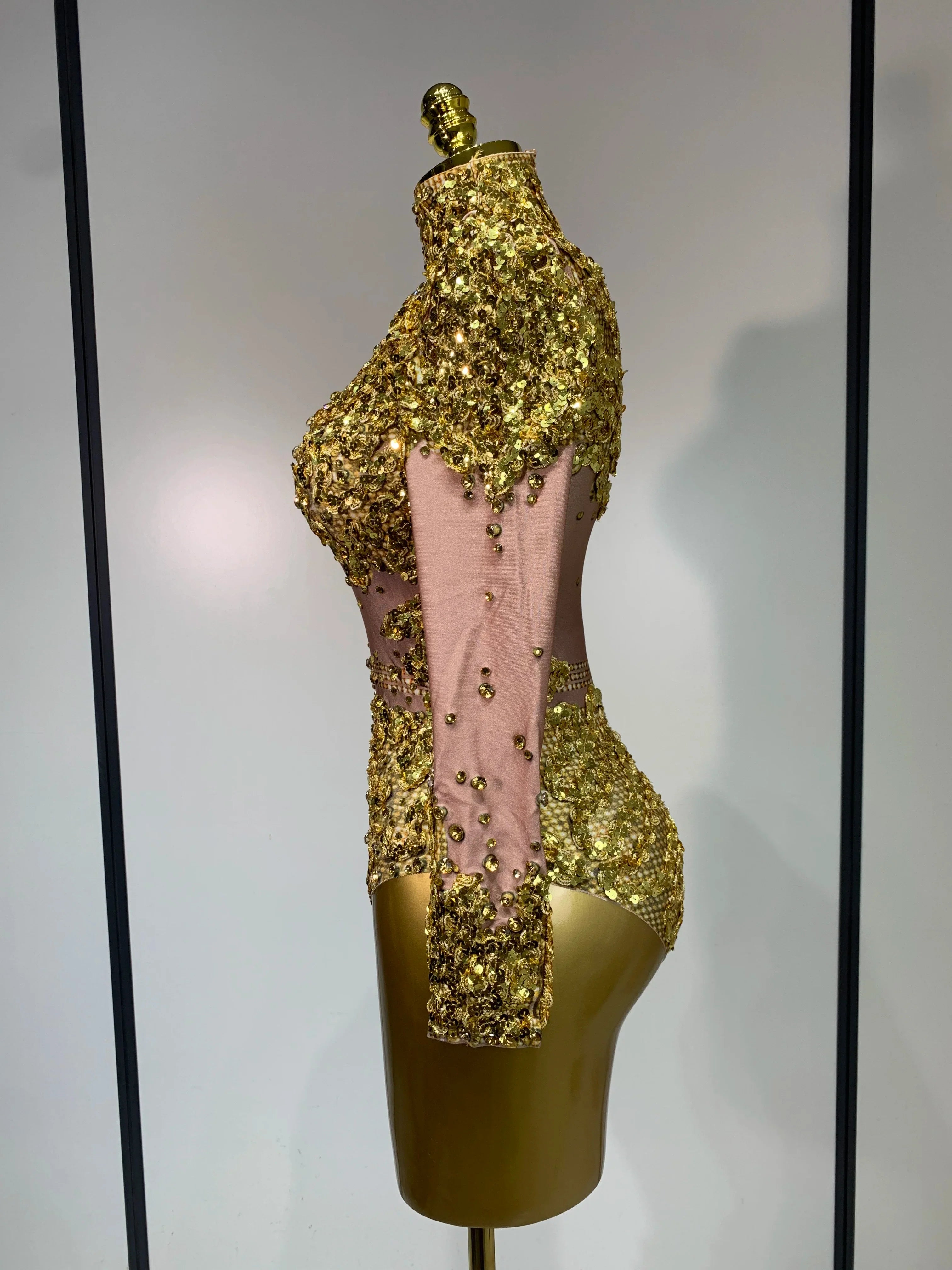 Sparkly Gold Rhinestone Sequin Stretch Bodysuits  Women Luxury Birthday Party Nightclub Dancer Stage Performance Costume