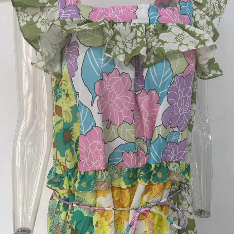 LGRQ Trendy Ruched Hemline Design Printed Long Dresses Summer Ruffle Fashion Sleeveless Elegant Luxury Dress Girls 19F1381