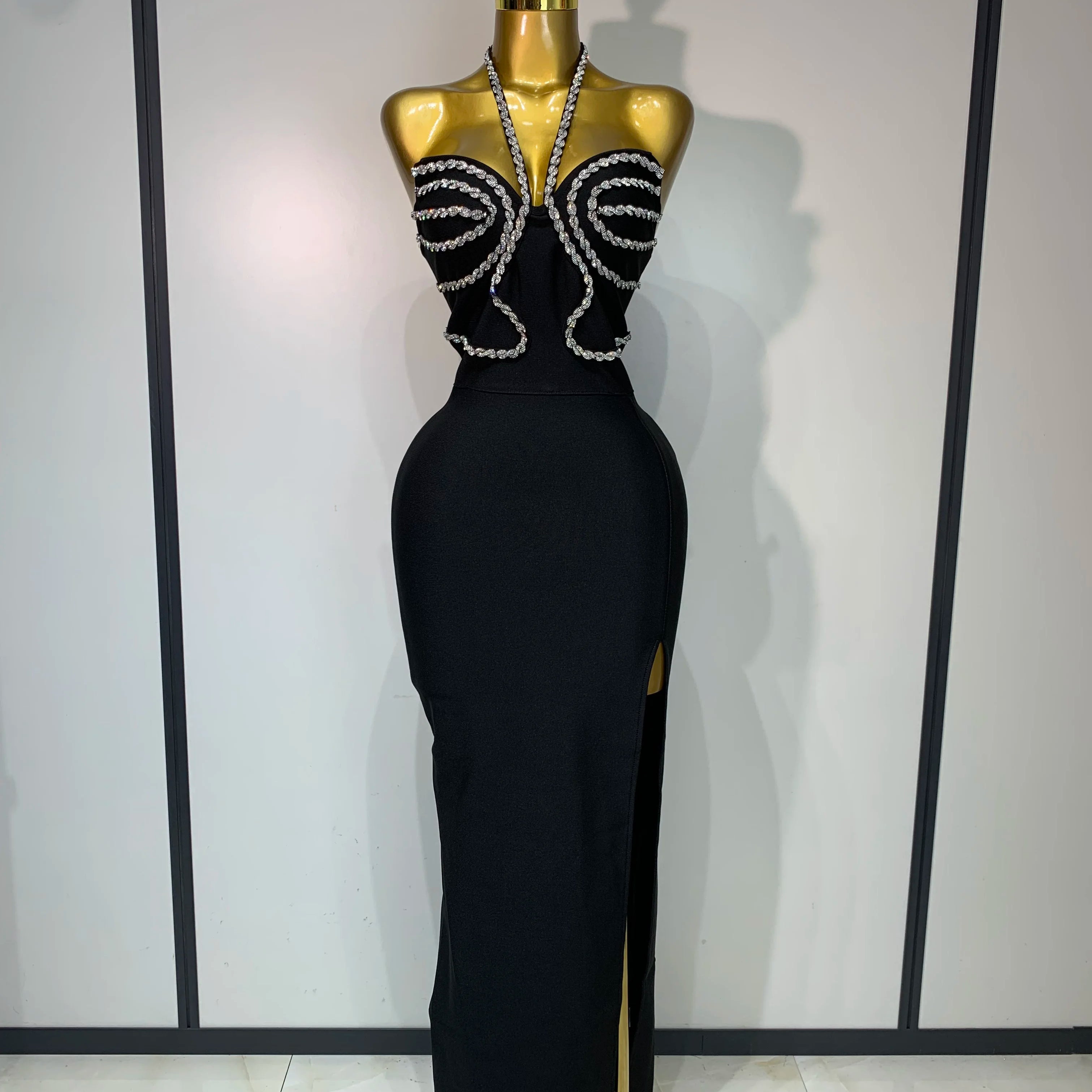 Women Sexy Halter Backless Shinning Crystal Bodycon Long Dress Celebrate Birthday Elegant Evening Party Dress Wedding Guest Gown
