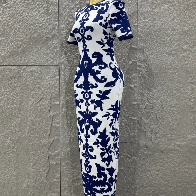 Top Quality Women Short Sleeve Sexy Blue Jacquard Bodycon Long Bandage Dress Elegant Evening Party Occation Office Wear