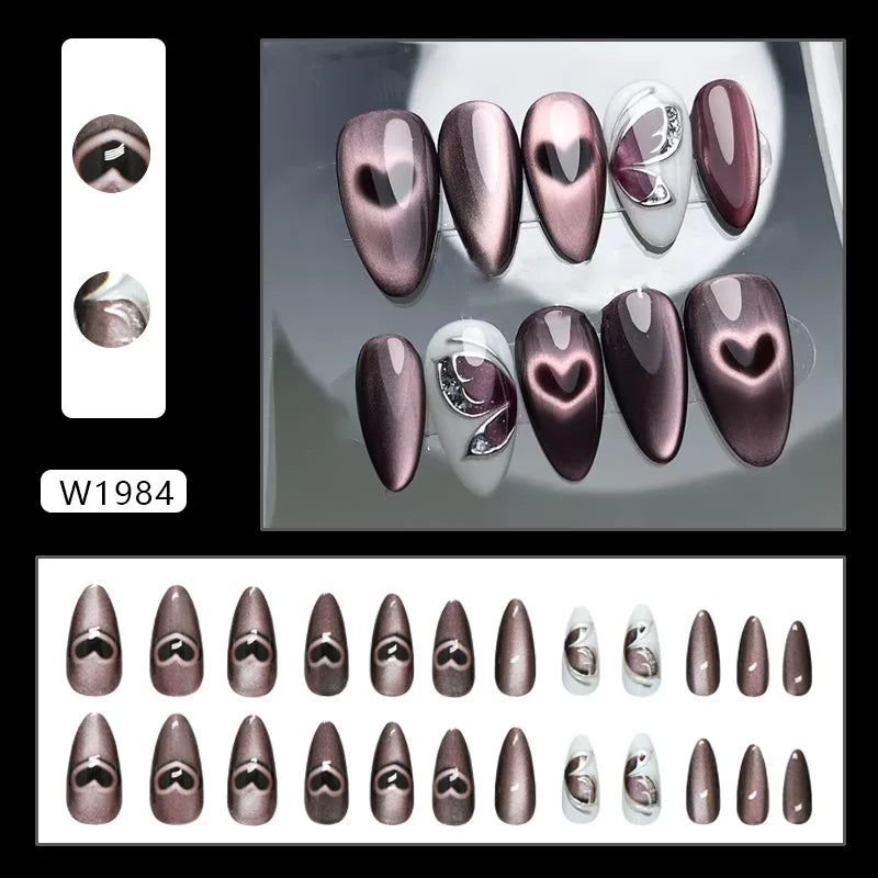 24pcs French Almond Press on Nails Retro Green Cat Eye Fake Nail Tips Detachable Wearable Sweet Cool Spice Girl False Nails