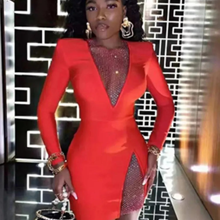 Vestido preto de inverno com contas pretas, manga longa, sexy, vazado, mini vestido de festa para celebridades, passarela