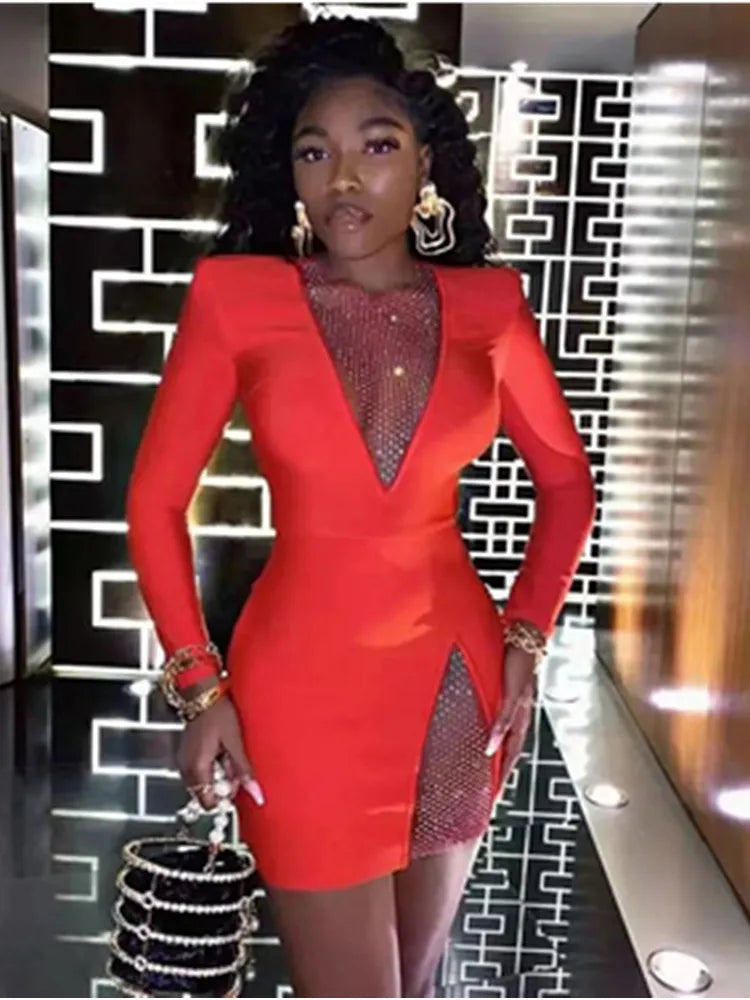 Vestido preto de inverno com contas pretas, manga longa, sexy, vazado, mini vestido de festa para celebridades, passarela