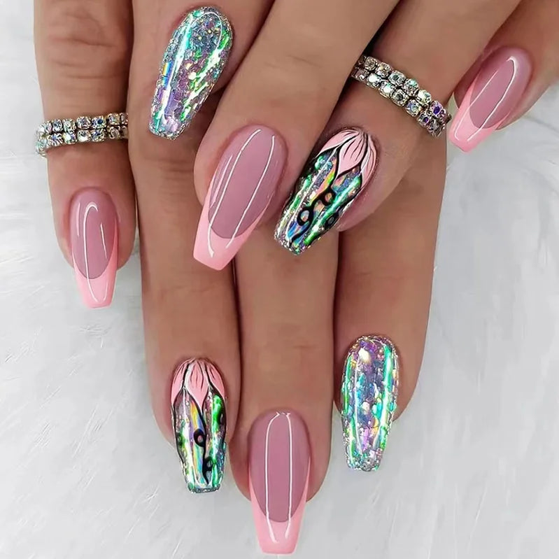 24-piece Long French Pop Flash Nail with 1 Jelly Glue and 1 Nail File