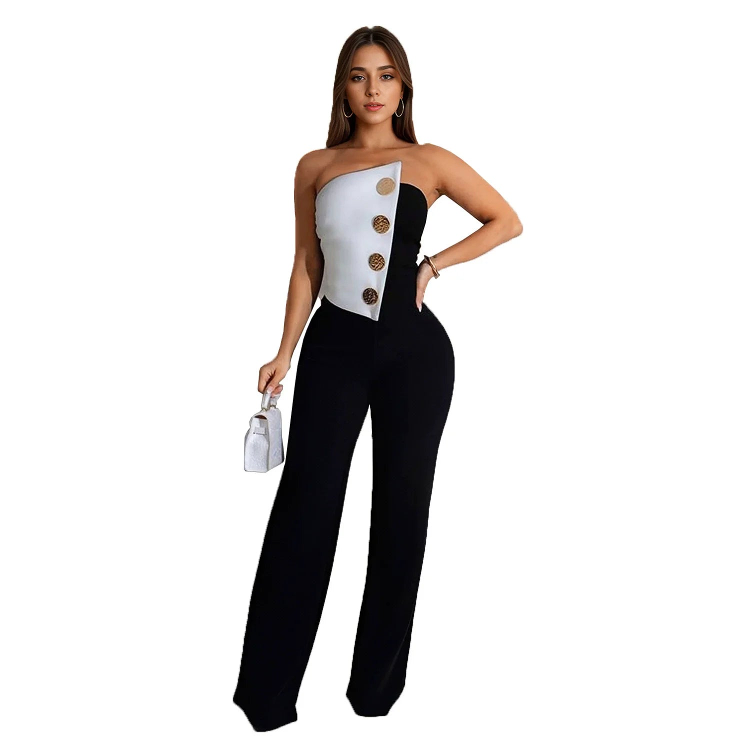 CM.YAYA Women's Elegant Button Strapless Sleeveless Irregular Girl Jumpsuits 2024 Fall Overalls Outfits Night Clubwear One Piece