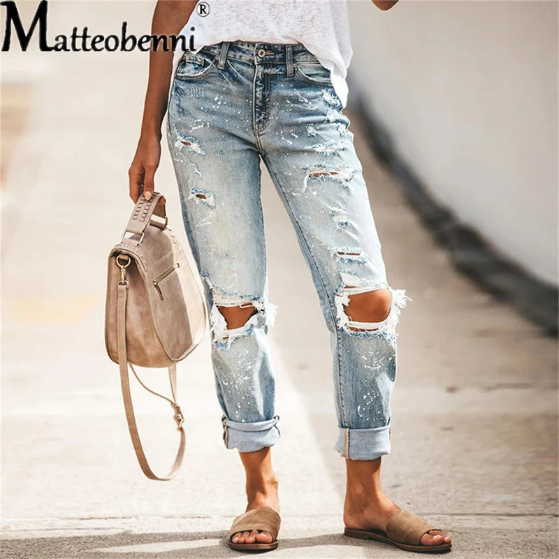 Women Stretch Ripped Distressed Skinny High Waist Denim Pants Shredded Jeans Trousers Slim Jeggings Ladies Autumn Straight Jeans Light Blue