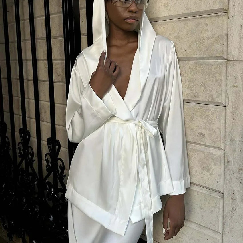 Oymimi Fashion White Satin 2 Piece Sets Women Outfit Elegant Hooded Collar Long Sleeve Lace-Up Blouse + Slim Straight Skirts Set