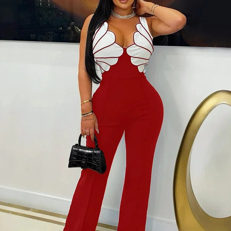 CM.YAYA Women V-Neck Backless Wide Leg Straight Sleeveless Jumpsuits 2025 Spring Patchwork Sexy One Piece Set Streetwear Outfits