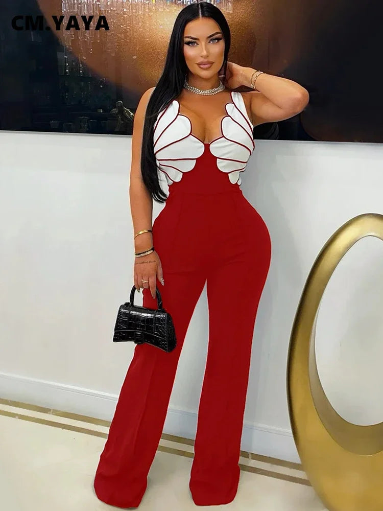 CM.YAYA Women V-Neck Backless Wide Leg Straight Sleeveless Jumpsuits 2025 Spring Patchwork Sexy One Piece Set Streetwear Outfits