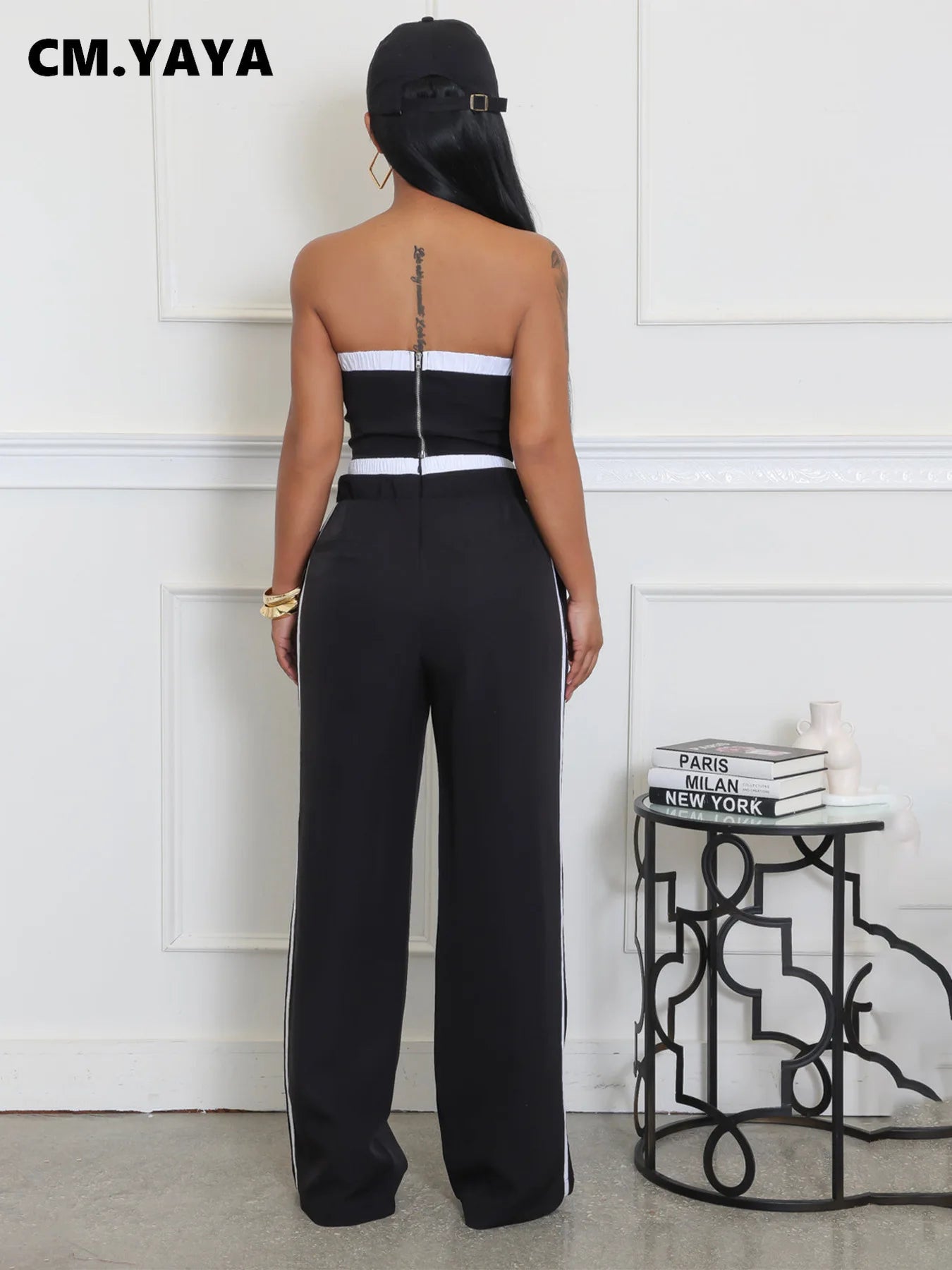 CM.YAYA 2025 Women's Set Sleeveless Ribbon Strapless Tops + Wide Leg Pants Fitness Streetwear Two 2 Piece Sets Outfits Tracksuit