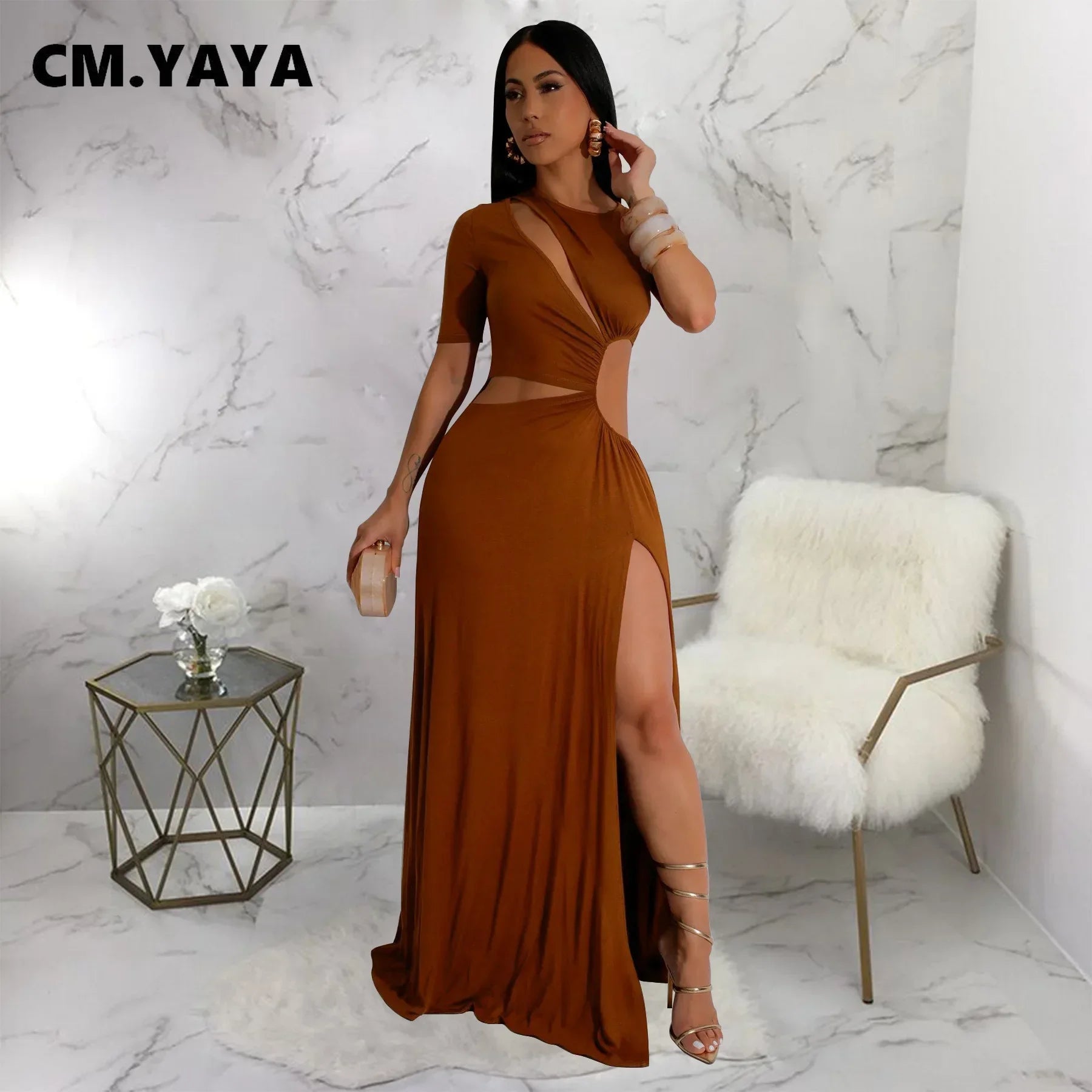 CM.YAYA Women O-neck High Split Ruched Bodycon Midi Maxi Dress 2024 Fall Street Evening Party Club Vestidos Sexy Long Dresses