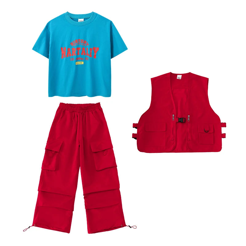Boys Hip Hop Pants Outfits Red Vest Cargo Pants Girls Streetwear Children Joggers Street Dance Kids Jazz Costumes Clothes Sets Pants Set 1