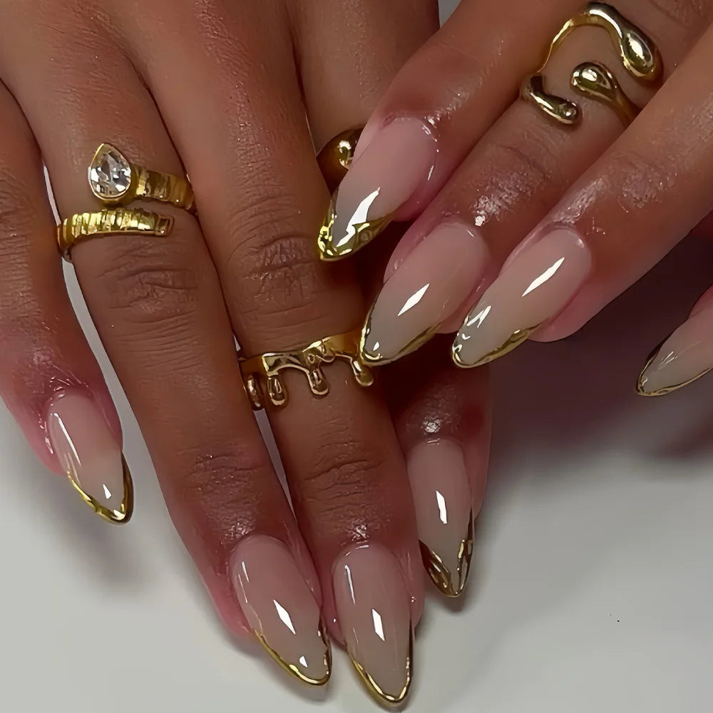 24Pcs Mid-length Almond False Nails Press on 3D Gold Irregular Design Fake Nail Simple Reusable Artificial Full Cover Nails Tips