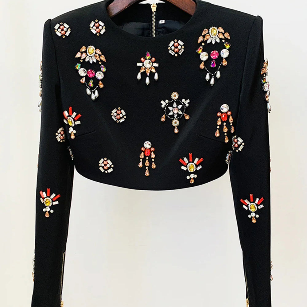 Ailigou 2023 New Autumn Women's High Quality Fashion Sexy Luxury Colorful Diamond Bead Short Top+Dress Black Two Piece Set