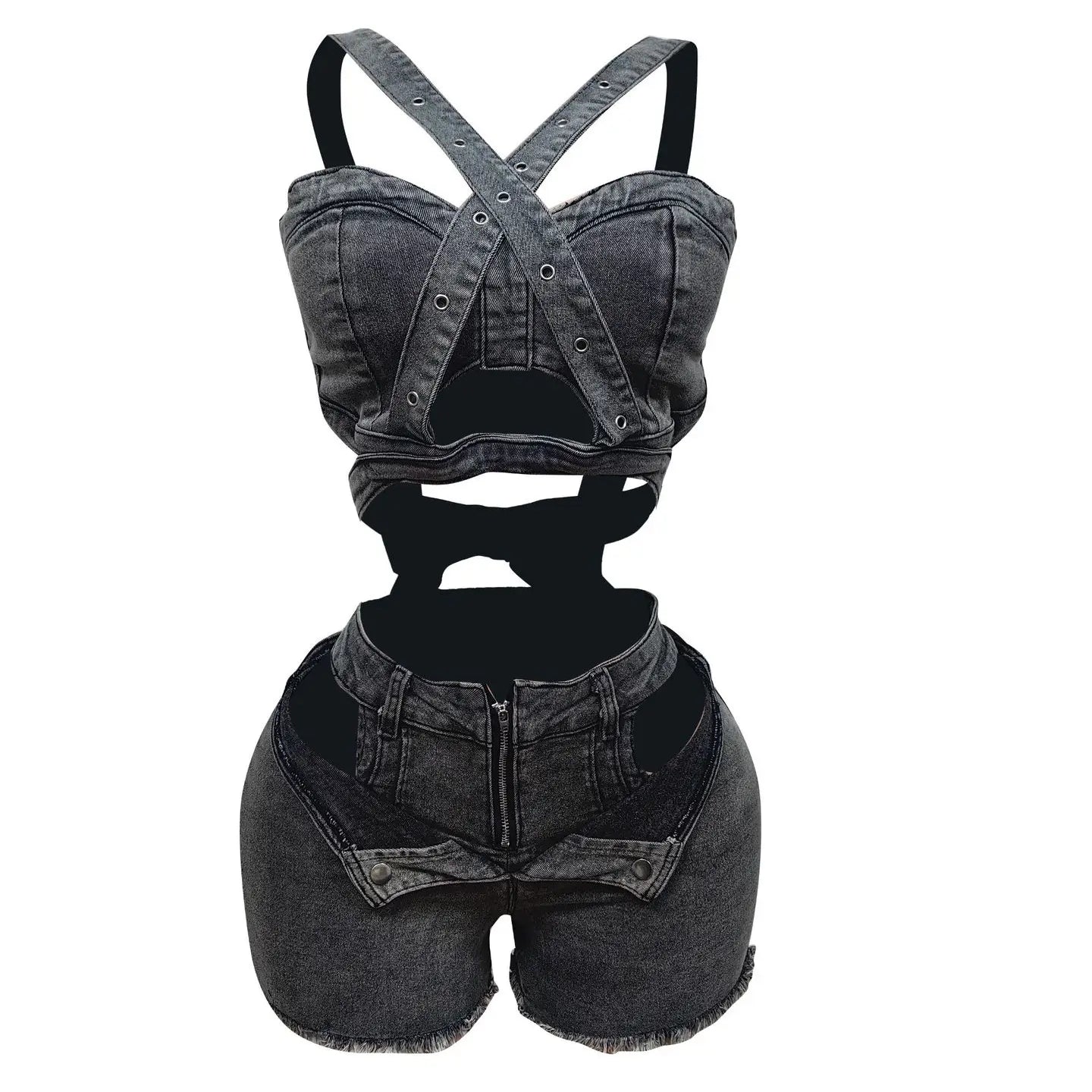 CM.YAYA Sexy Holiday Denim Women's Set Halter Neck Crop Tops and Ripped Out Shorts Jeans 2025 Summer Two 2 Piece Sets Outfit Black gray