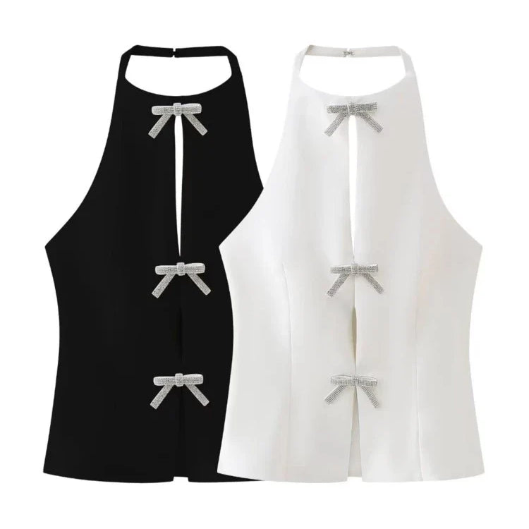 Aonibeier Y2K Black White Women Camis Traf Summer Diamonds Bow Hollow Out Sleeveless Backless Slim Halter Female Crop Top