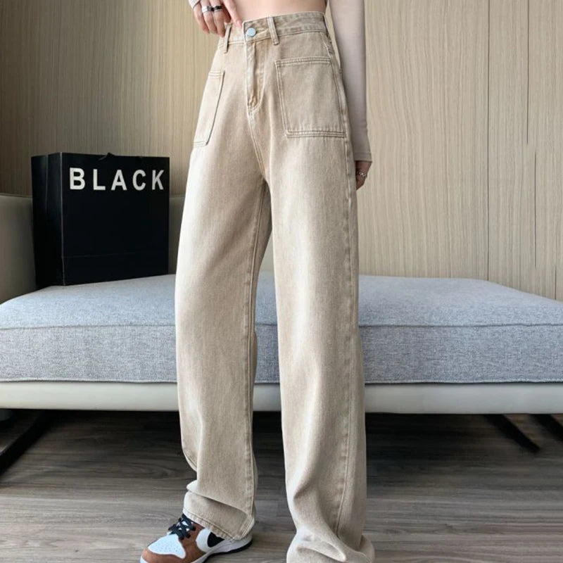 Khaki High Waist Design Denim Jeans Women's Autumn Spring New Loose Straight Wide Leg Long Design Fashion Pants