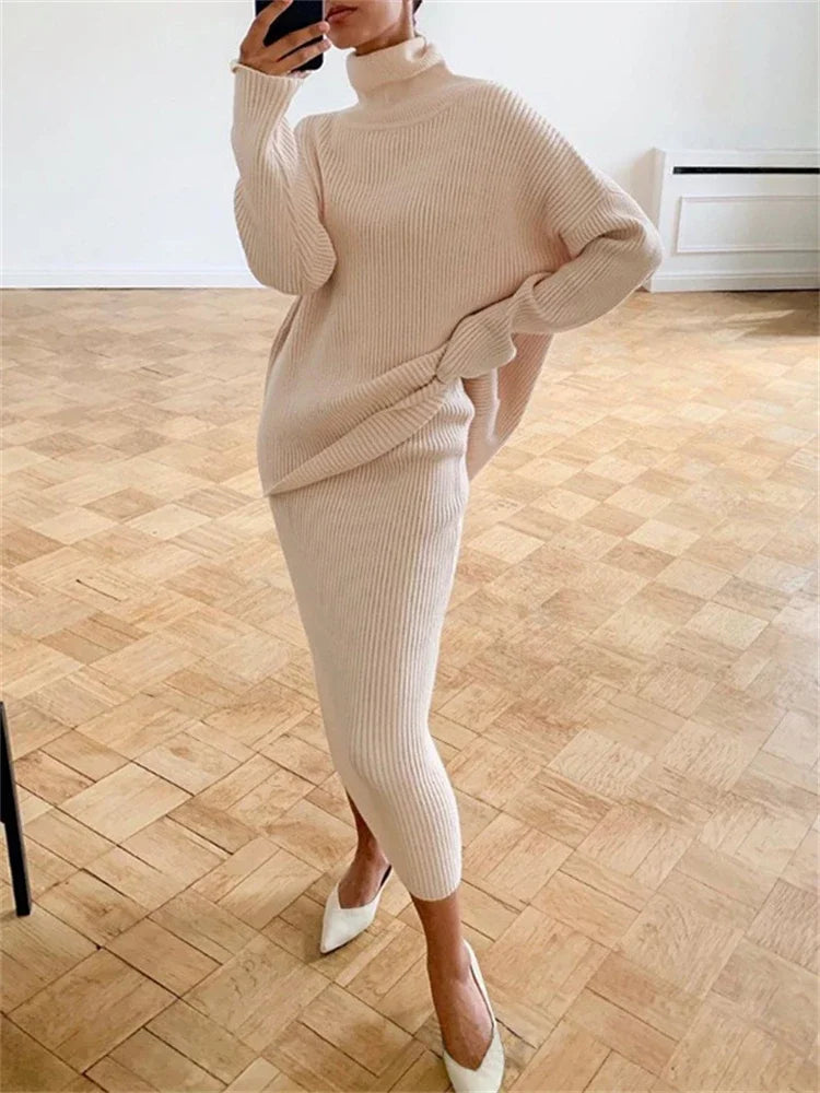 new Ribbed Knit 2 Piece Dress Set Outfits Ladies Knitwear Top And Midi Skirt Sets For Women Casual Winter Sweater Sets Beige