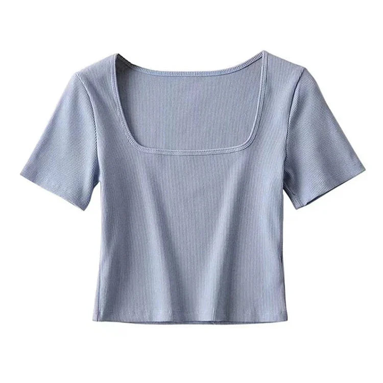 Women Square Neck Rib Crop T-shirt Short Sleeve Crop Top Blue
