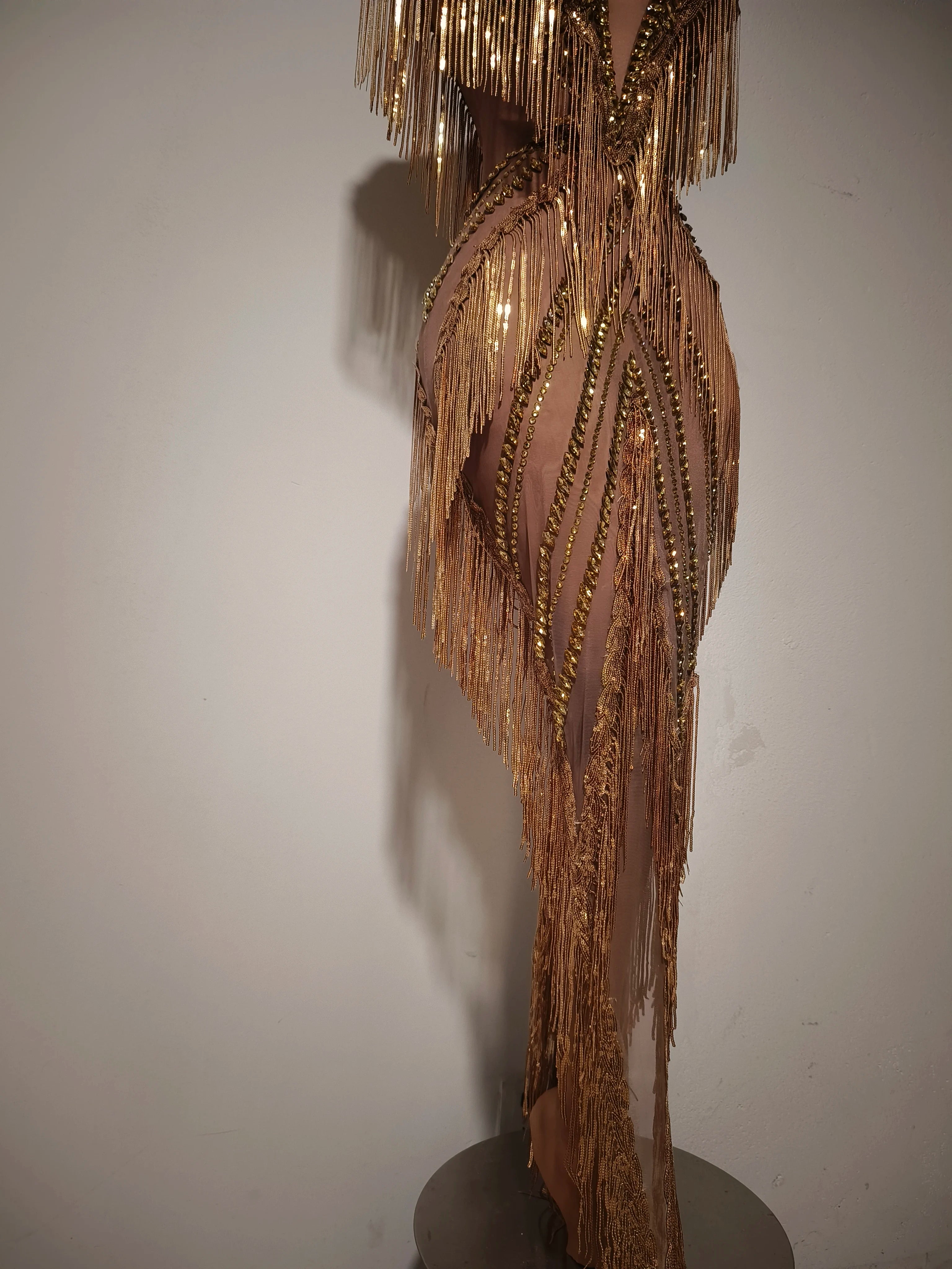 New Women Sexy Mesh Crystal Tassel Sparkly Maxi Dress See Through Gold Silver Party Singer Party Costume Stage Performance Dress