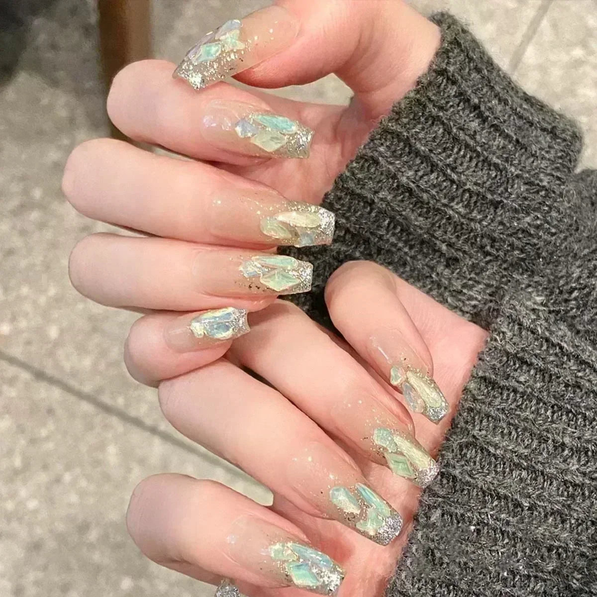 24Pcs False Nails French Gradient Ballet Fake Nails Press on Nails Black Heart Rhinestone Design Glitter Full Cover Nail Tips