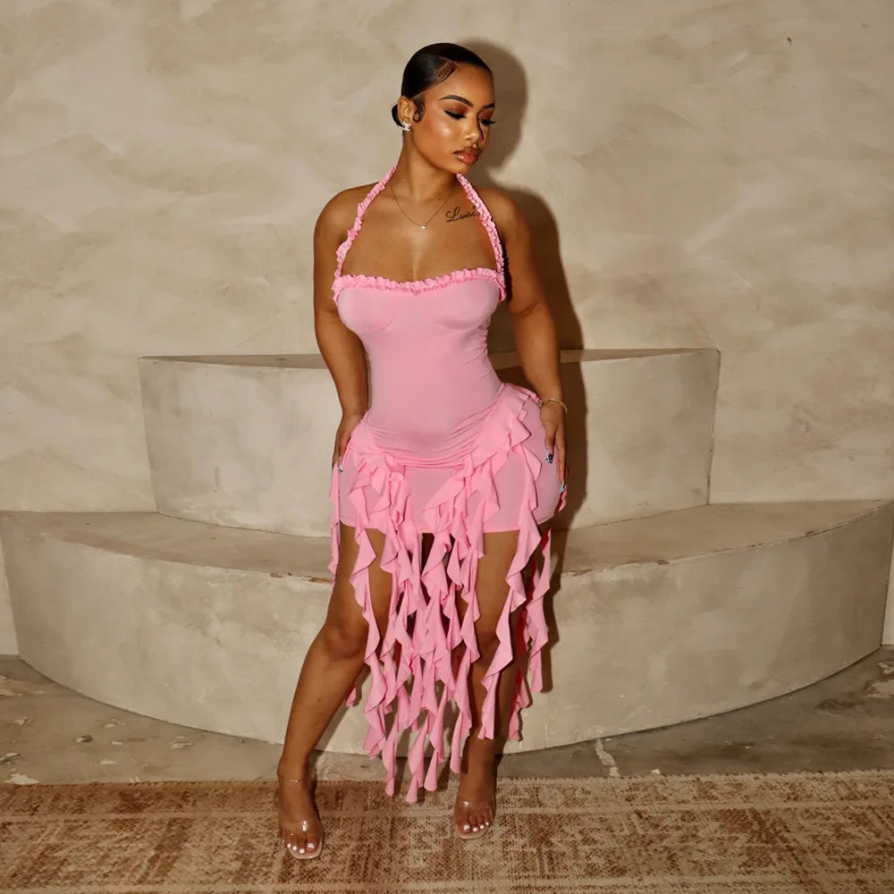 CM.YAYA Women Sleeveless Strapless Halter Long Dress Summer Streetwear Beach Tassel Evening Sexy Night Party Dresses Vestidos Pink