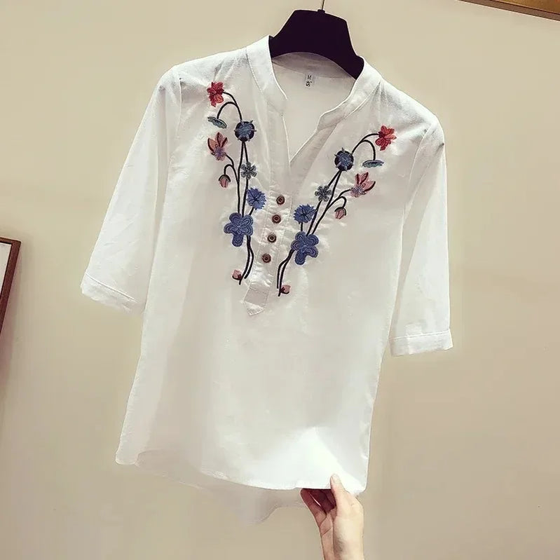 Loose Cotton Blouses for Women, White Tops and Blouses, Elegant Embroidery V-Neck Shirts, New Summer Clothes, 3140 50