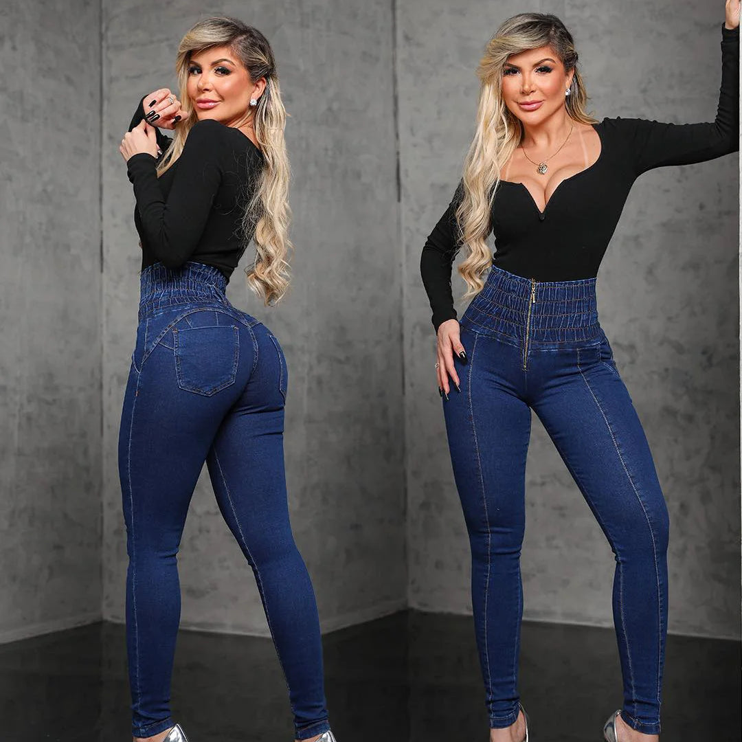 Blue Skinny Stretch Jeans for Women Butt Lifting Sexy High Waisted Zipper Fly Daily Party