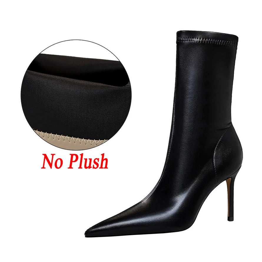 Women Leather 7.5cm 9.5cm High Heels Boots Lady Brown Spring Winter Warm Pointed Toe Boots Fetish Booties Nightclub Party Shoes 7.5cm Black