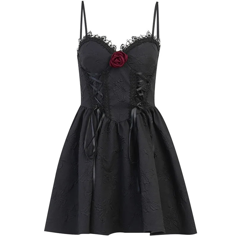 Goth Dark Tie Up Mall Gothic Elegant Women Dresses Grunge Aesthetic Jacquard A-Line Dress Emo Lace Trim Black Party Alt Clothes