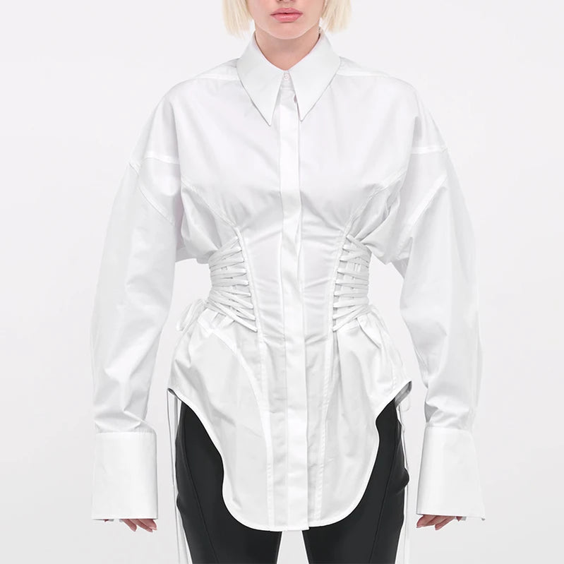 TWOTWINSTYLE Solid Spliced Lace Up T Shirts for Women Lapel Long Sleeve Patchwork Single Breasted Fashion Top Female Clothing