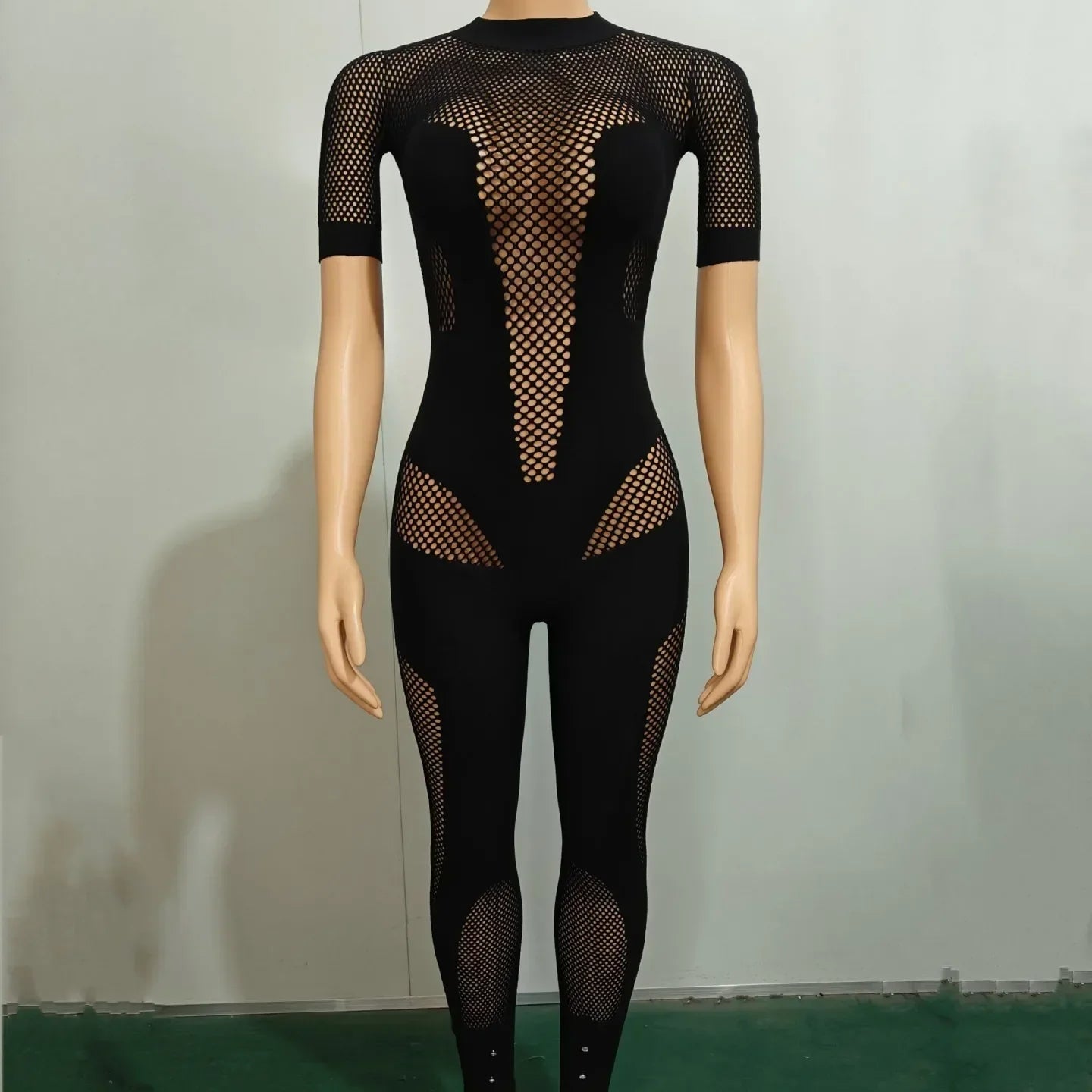 CM.YAYA Short Sleeve Women Mesh Hollow Out O-neck Rompers Jumpsuits 2024 Summer Sleep Night Club Party One Piece Sexy Outfits Black One Size