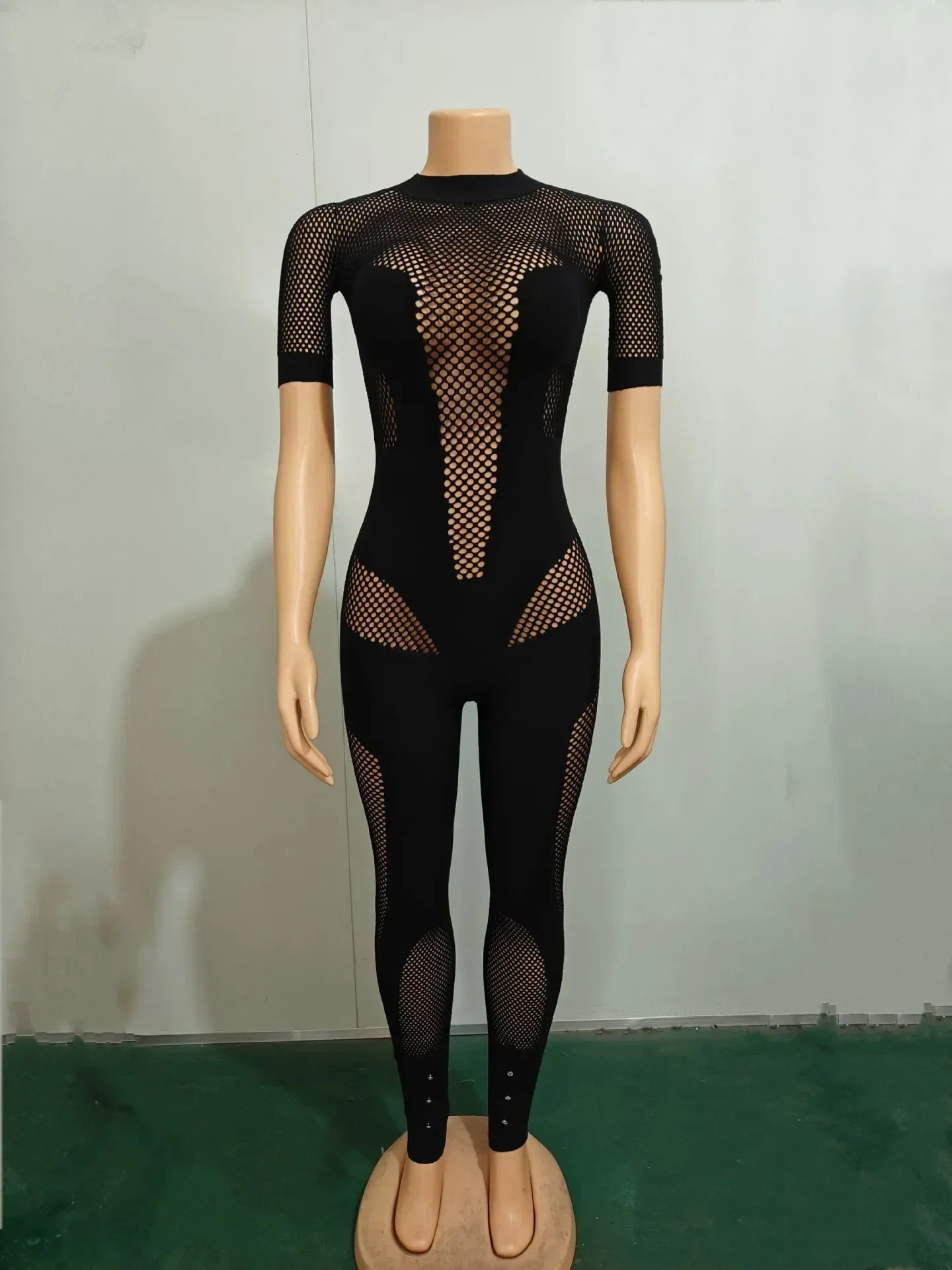 CM.YAYA Short Sleeve Women Mesh Hollow Out O-neck Rompers Jumpsuits 2024 Summer Sleep Night Club Party One Piece Sexy Outfits Black One Size