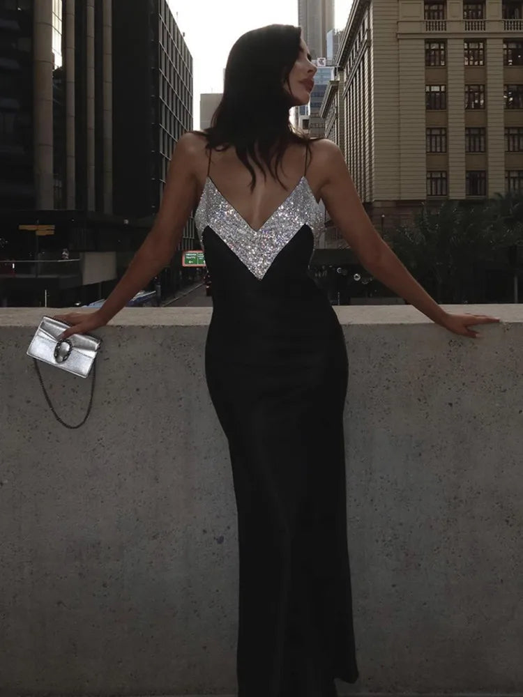 Women Summer Sexy V Neck Backless Crystal Black Diamonds Maxi Long Bandage Dress 2023 Knitted Elegant Evening Club Party Dress