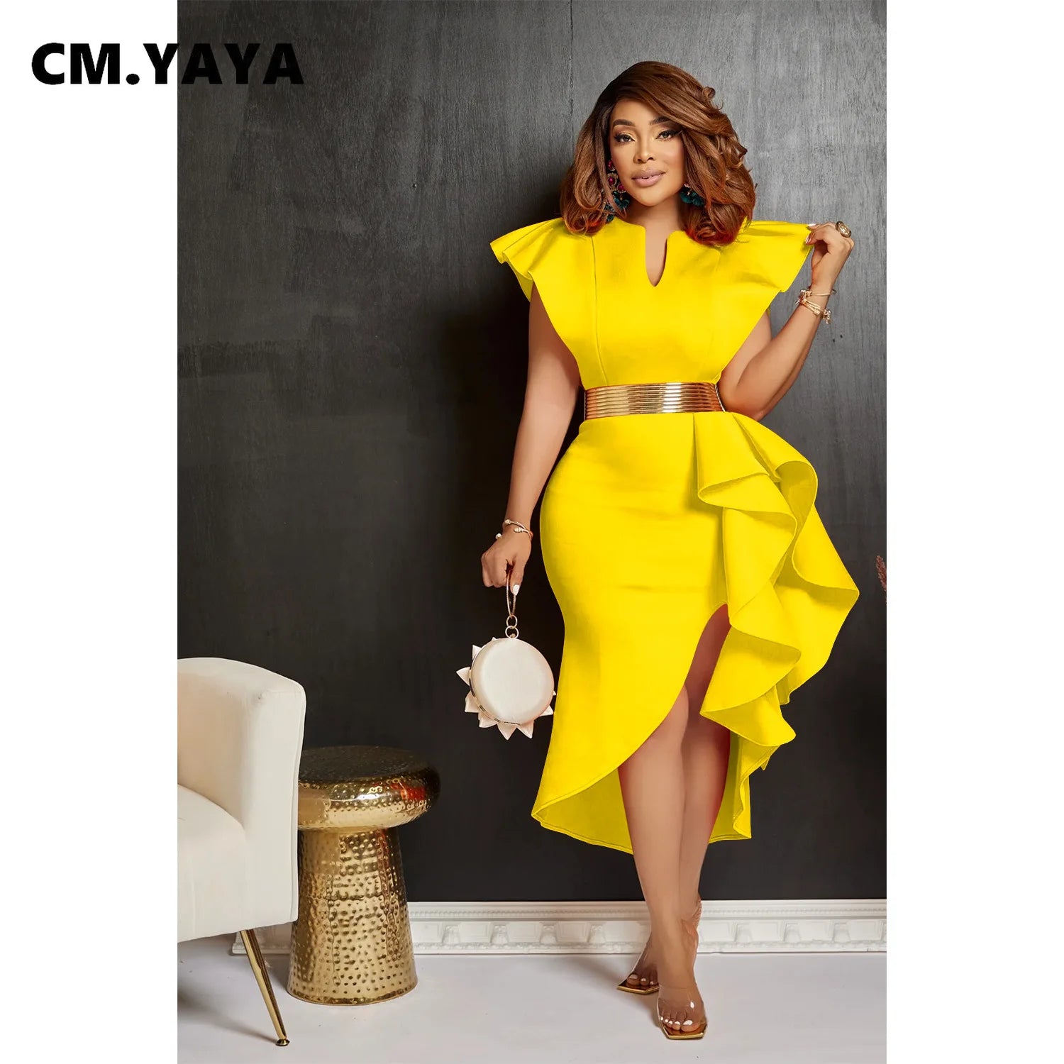 CM.YAYA Women Flare Short Sleeve High Side Split Ruffles Bodycon Midi Dress 2023 Autumn Vestidos Sexy Party Birthday Dresses