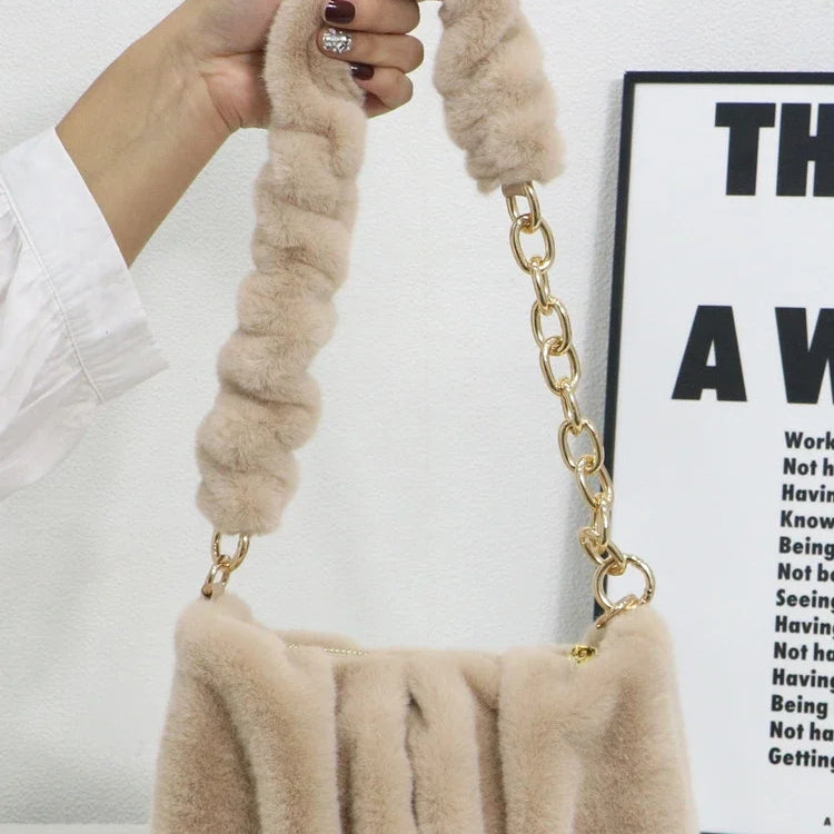 Women Faux Fur Handbags with Metal Chain Lady Ruched Shoulder Bag Armpit Casual Square Hobos Crossbody Winter Khaki
