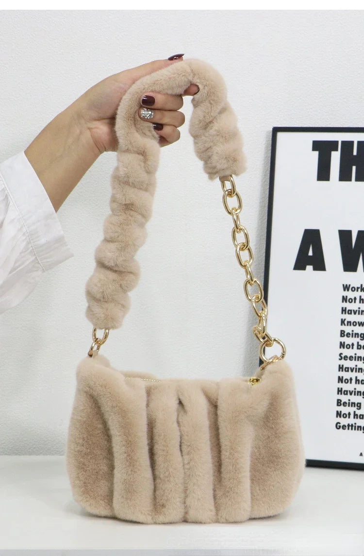 Women Faux Fur Handbags with Metal Chain Lady Ruched Shoulder Bag Armpit Casual Square Hobos Crossbody Winter Khaki