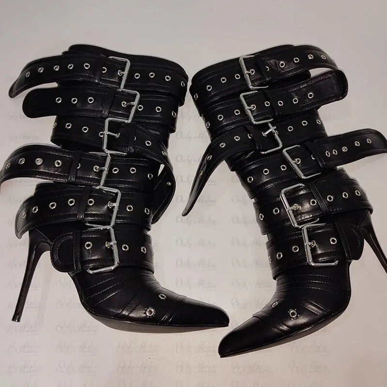 Women Pointed Toe Mid-Calf Boots Buckle Strap Thin High Heel Lady Zipper Female Stiletto Boots