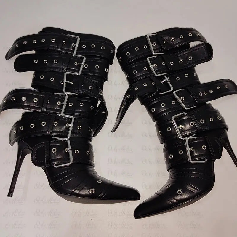 Women Pointed Toe Mid-Calf Boots Buckle Strap Thin High Heel Lady Zipper Female Stiletto Boots