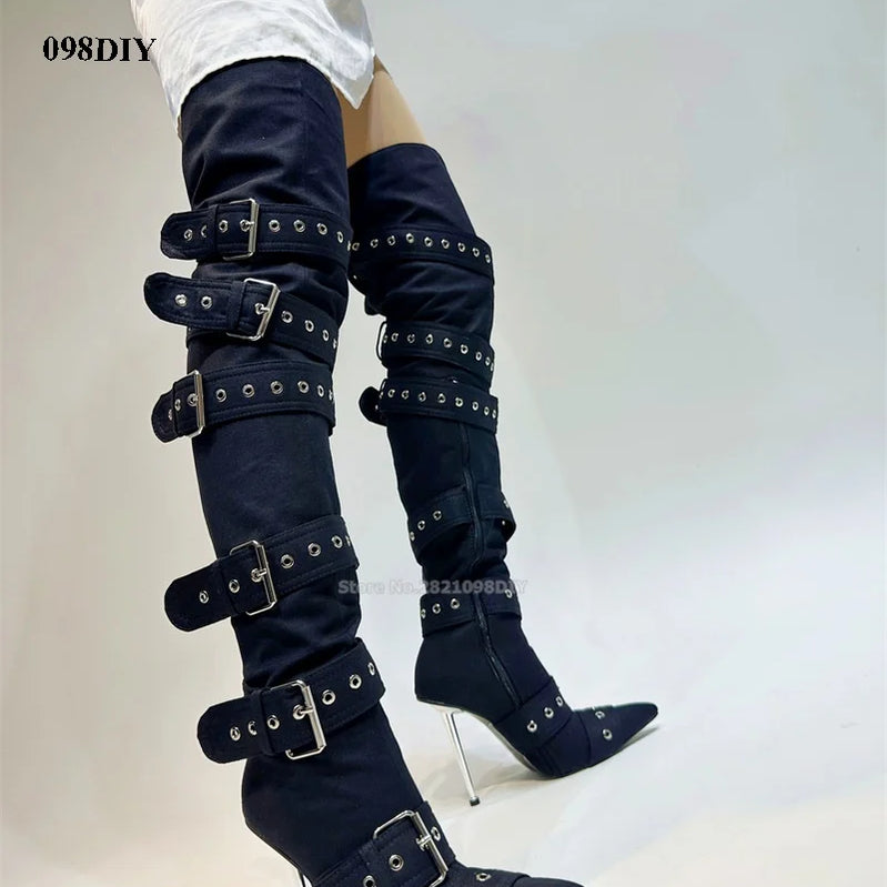 Denim Thigh High Boots Women Sexy Super Pointy Toe Punk Metal Buckle High Heels Shoes Ladies Puttee Blue Biker Boots De Mujer