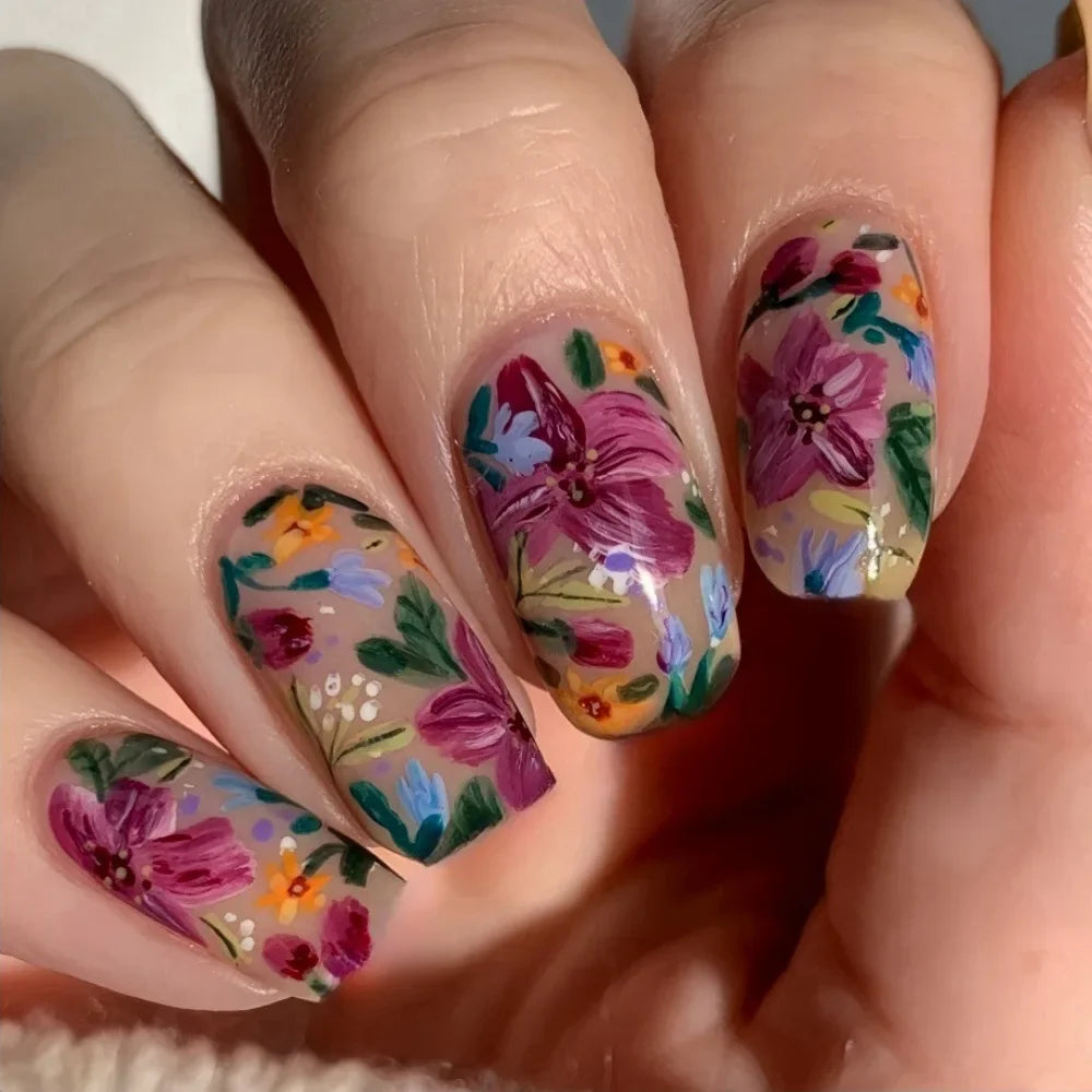 24pcs Press on Nails Square Flower False Nails Wearable Stick-on Nails Fake Nail Uñas Postizas Mujer Накладные Ногти 네일팁