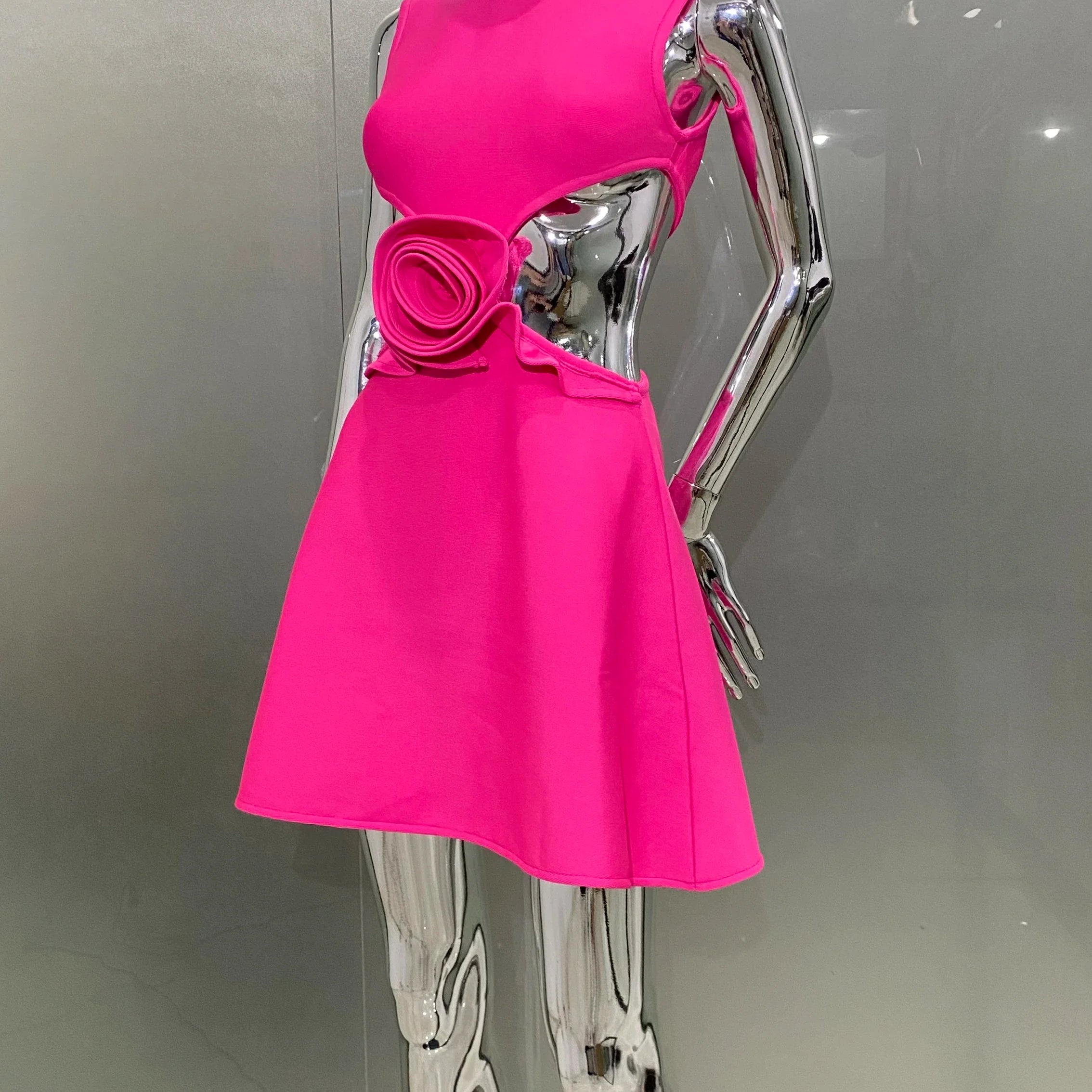 Rosered Color Women Sleeveless Sexy Waist Hollow Out Florals A-Line Bandage Mini Dress Fashion Birthday Cocktail Party Dress