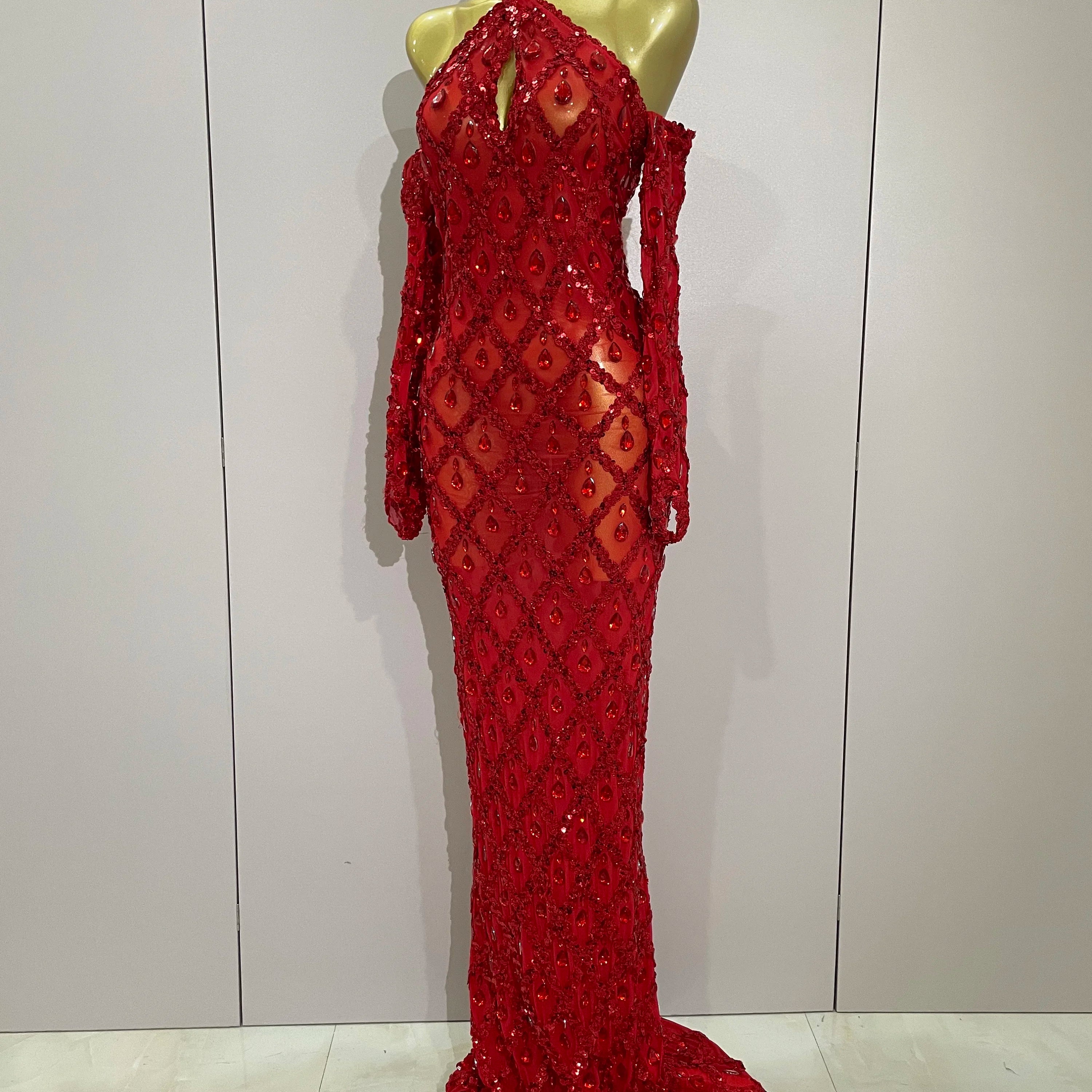 Sexy Sparkly Rhinestones Halter Mesh Long Dress With Gloves 2025 Women Celebrate Evening Wedding Prom Birthday Dress Shoot Wear