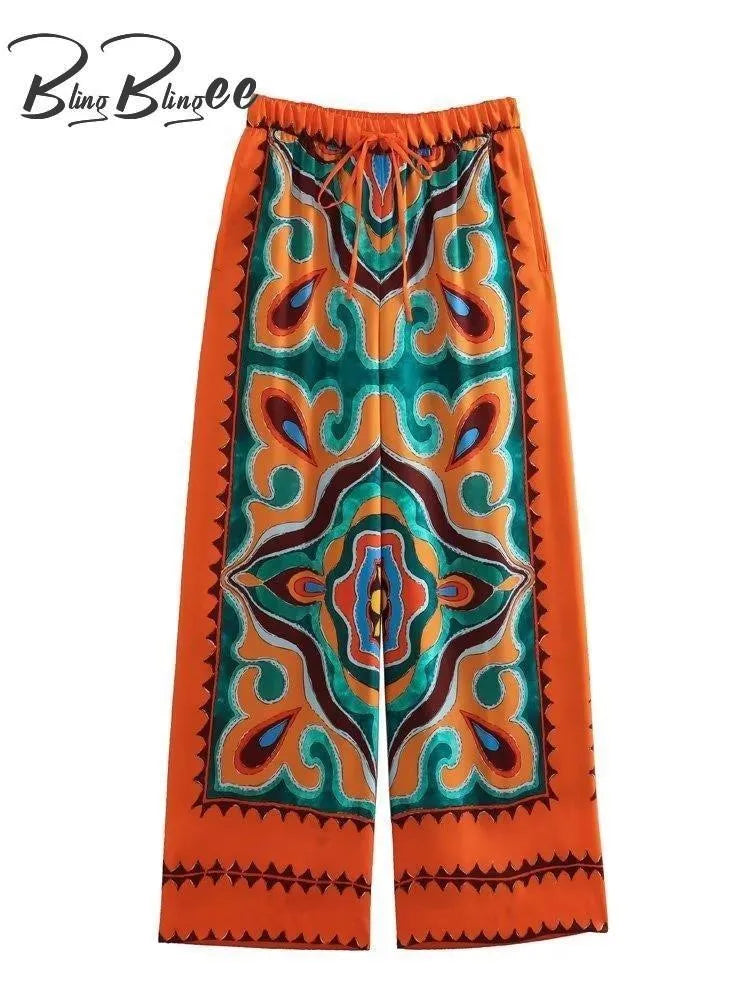 BlingBlingee Summer Printed Women Wide Pants Satin Suits Traf Asymmetric Sleeveless Strapless Crop Top Female Sets Y2K